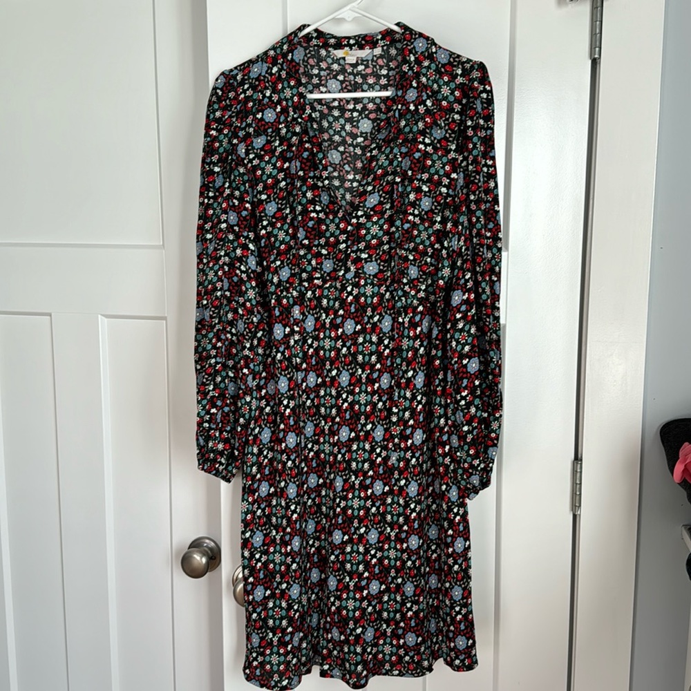 Boden Black Gardenia Swirl Floral Tie Neck Blouson Sleeve Shirt Dress size 12